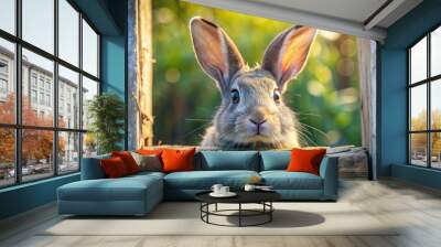 A gentle grey rabbit with bright curious eyes and soft fur peeks out from behind a weathered wooden fence on a sunny afternoon. Wall mural