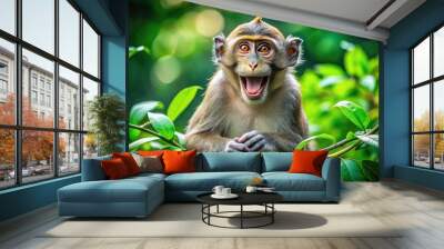 A joyful monkey sits on a lush green branch, smiling widely with bright teeth, surrounded by dense jungle foliage, conveying a sense of carefree bliss. Wall mural