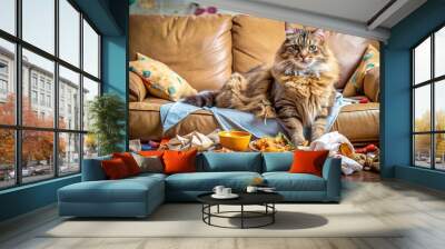 A lazy, obese feline with matted fur and a grumpy expression lounges on a worn couch, surrounded by Wall mural