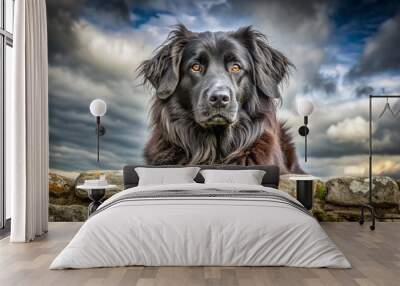 A majestic black dog with a fluffy coat and bright brown eyes poses on a weathered stone wall Wall mural