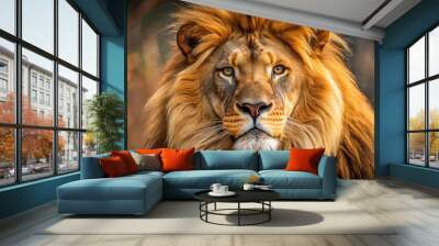 A majestic male lion's fur showcases intricate patterns of golden brown and dark tawny hues, with soft, velvety texture Wall mural