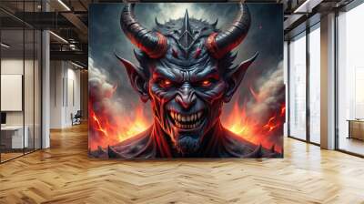 A menacing, crimson-skinned demon face with horns, glowing red eyes, and sharp teeth, set against a dark, ominous background with wispy, eerie smoke. Wall mural