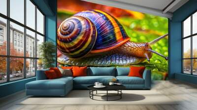 A mesmerizing macro shot of a sluggish gastropod mollusk crawling on a leaf, showcasing its slimy trail, vibrant colors, and intricate details. Wall mural