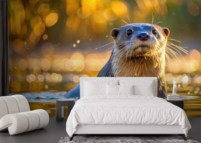 A Playful Eurasian River Otter Emerges From Serene Lake Waters, Its Sleek Fur Glistening In The Sunlight. Wall mural