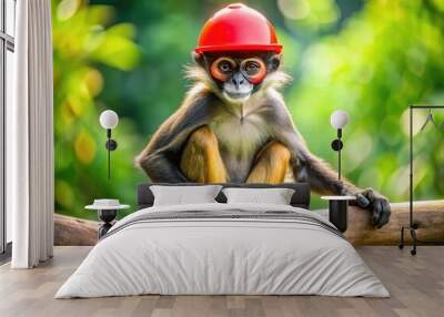 A playful spider monkey wearing a bright red helmet and sunglasses, sitting on a branch, looking curious and mischievous with a hint of slyness. Wall mural