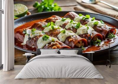 A steaming hot plate of three savory beef enchiladas smothered in rich, velvety mole sauce and melted cheese, garnished with fresh cilantro and lime wedges. Wall mural