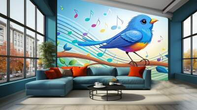 A whimsical illustration of a bright blue bird perched on a branch, surrounded by colorful music notes and waveform lines, symbolizing joyful melodic tweets. Wall mural