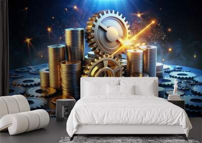 Abstract financial concept with 3D coins and blocks forming a creative design, surrounded by gears, cogs, and futuristic tech elements on a dark background. Wall mural