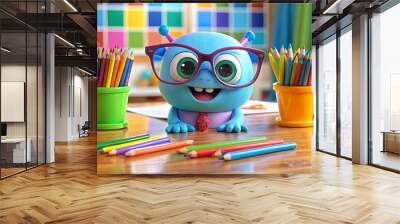 Adorable, bespectacled cartoon creature with bright blue glasses and a cheerful smile, sitting at a desk surrounded by Wall mural