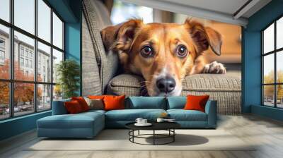 Adorable anxious canine cowers behind furniture, tail tucked in, ears back, and eyes wide with fear, conveying a Wall mural