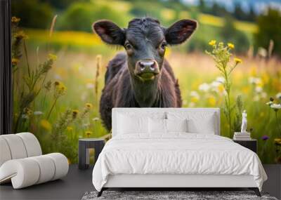 Adorable black calf with fluffy fur and curious eyes stands in a lush green meadow, surrounded by tall Wall mural