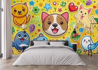 Adorable cartoon animals, including a smiling cat, dog, and bird, surrounded by colorful stickers and shapes, creating Wall mural