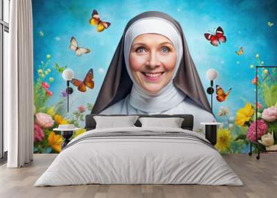 An illustrated image of a smiling nun in a habit, surrounded by colorful flowers and butterflies, set against a calming blue background with subtle texture. Wall mural