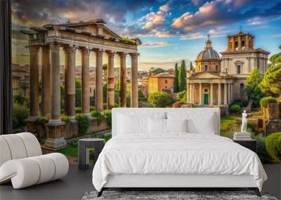 Ancient historic temple complex in Rome, Italy, features majestic pillars, ornate facade, and beautiful landscaping, symbolizing rich cultural heritage and architectural grandeur. Wall mural