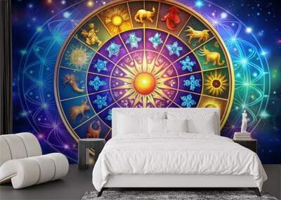 Colorful illustration of twelve zodiac signs, each represented by its symbol and corresponding dates, arranged in a Wall mural