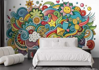 Colorful vector illustration of whimsical abstract objects, playful shapes, and creative doodles on a white background, perfect for adding visual flair to digital designs. Wall mural