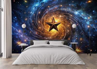 Dark, mystical night sky filled with glittering stars, a singular black star stands out, shining bright in the Wall mural