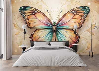 Delicate, colorful butterfly illustration with intricate wing patterns, antennae, and slender body, set against a soft, Wall mural