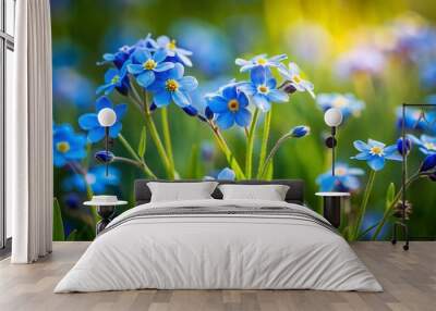 Delicate, miniature blue blooms with yellow centers sway gently in a lush green meadow, capturing the essence of spring's vibrant and serene natural beauty. Wall mural