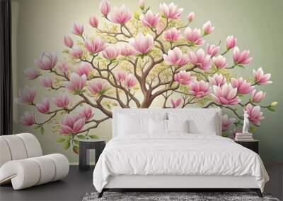 Delicate pink magnolia tree blooms ornately illustrated in modern vector style, surrounded by subtle greenery and soft, gradient background, evoking elegance and serenity. Wall mural