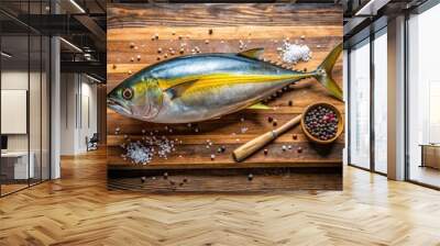 Freshly caught yellowfin tuna fish laid out on a rustic wooden cutting board, glistening with moisture, showcasing its vibrant yellow and silver scales. Wall mural