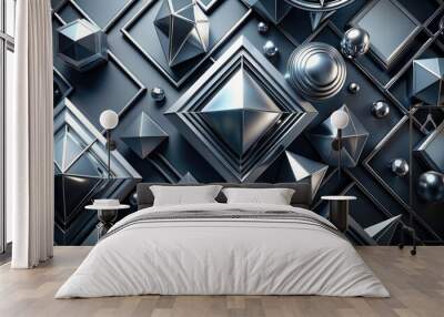 Glossy silver geometric shapes and abstract futuristic elements on a dark gradient background, perfect for technology, luxury, and modern design concepts representation. Wall mural