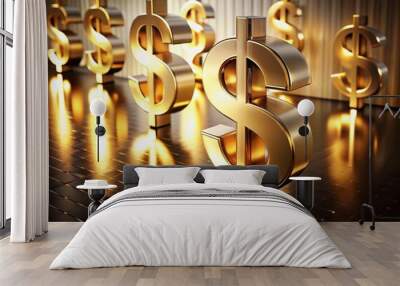 Golden dollar signs mounted on a sleek metallic sign, surrounded by subtle light reflections, convey a sense of Wall mural