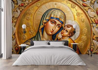 Golden-haloed Orthodox Christian icon depiction of maternal figure cradling infant, adorned with intricate patterned robes, surrounded by lavish ornamental borders and subtle divine light. Wall mural