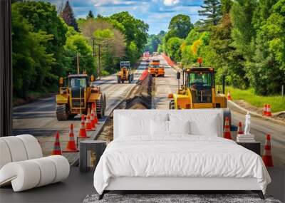 Heavy machinery operates amidst orange cones and excavated earth on a closed-down road in Macomb County, Michigan, Wall mural