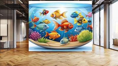 Humorous Cartoon Illustration Of A Glass Fish Bowl Filled With Diverse Varieties Of Fish Swimming And Interacting In A Lively Aquatic Environment. Wall mural