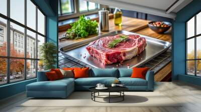 Juicy rib eye steak with rich marbling sits on a baking sheet in a modern kitchen, ready to be grilled to perfection outdoors. Wall mural