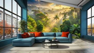 Lush tropical rainforest landscape with towering trees, vibrant green foliage, and misty fog shrouding the forest floor in a warm, golden light. Wall mural