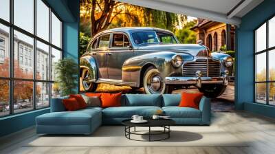 Luxurious vintage sedan with sleek design, chrome accents, and elegant lines, parked on a quiet street, evoking a sense of sophistication and refinement. Wall mural