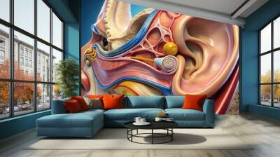 Macro view of human ear anatomy, showcasing outer ear, ear canal, eardrum, and inner ear structures, including cochlea and auditory nerve, in high definition. Wall mural