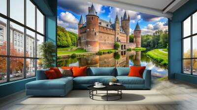 Majestic 14th-century medieval fortress, Beersel Castle, stands amidst lush greenery in Flemish Brabant, Belgium, its Wall mural