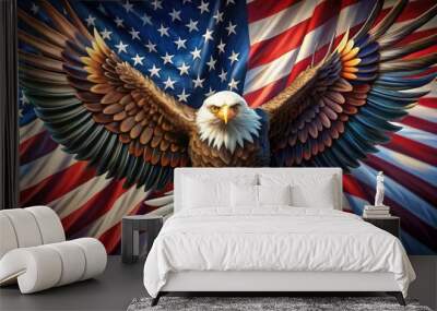 Majestic bald eagle illustration in patriotic colors, spread wings outstretched, sharp talons grasping olive branch and arrows, symbolizing freedom and national pride. Wall mural