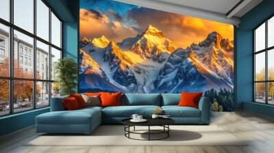 Majestic snow-capped peaks of the Australian Alps stretch towards the sky as morning sunlight casts a golden glow on the serene winter landscape of New South Wales. Wall mural