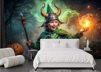 Mischievous young sorcerer dressed in green coat and horned helmet, wielding a scepter and exuding magical mayhem on a spooky Halloween night. Wall mural