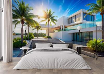 Modern architecture meets tropical paradise in a sun-kissed scene with a sleek white building, staircase, and blurred palm trees against a brilliant blue sky. Wall mural