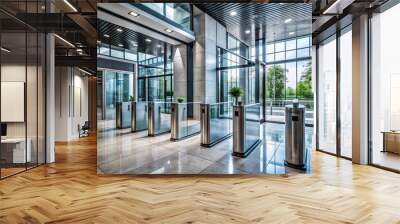 Modern corporate building entrance features sleek metallic turnstiles with card readers for secure access control, surrounded by polished floors and sleek glass walls. Wall mural