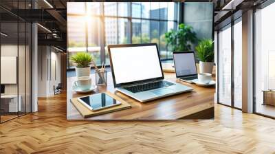 Modern workplace setup featuring blank screens on laptop and mobile phone, surrounded by office supplies, with ample space for advertising text or design creative work. Wall mural