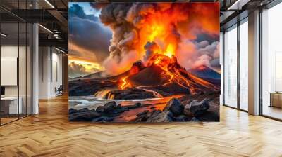 Molten lava flows glow fiery orange and red as it spews from a volcano, surrounded by steam and Wall mural