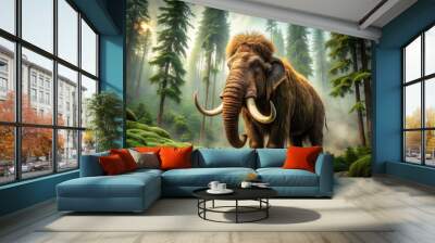 Prehistoric giant beast stands majestically amidst lush green forest, its shaggy fur and curved tusks a testament to an ancient era's majesty and power. Wall mural