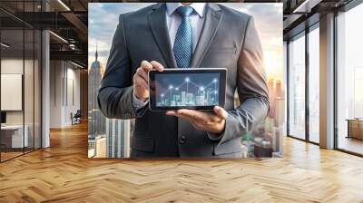 Professional businessman holding a tablet with a digital business plan template on the screen, with a cityscape background, symbolizing entrepreneurship and strategy. Wall mural