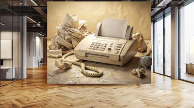 Retro beige fax machine with worn keypad and dusty display screen, surrounded by crumpled papers and empty rolls, evoking a nostalgic 90s office atmosphere. Wall mural