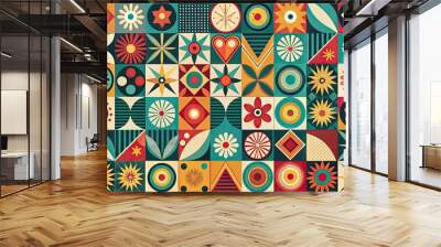 Retro geometric pattern featuring bold shapes, vibrant colors, and abstract forms in a stylized 1950s-60s aesthetic, evoking nostalgia for a bygone era of modern design. Wall mural