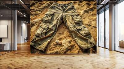 Rugged, worn, and weathered military fatigue pants with numerous pockets, knee pads, and frayed threads, lying crumpled Wall mural