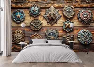 Rustic, distressed metal badges adorned with classic logos and ornate details sit atop a worn wooden background, evoking a nostalgic sense of adventure and rugged charm. Wall mural