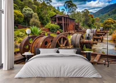 Rusty mechanical components of a vintage mining machine sit idle in the historic Beaconsfield Mine Yard, Tasmania, Australia, surrounded by lush greenery and worn infrastructure. Wall mural