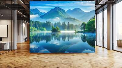 Serene and calming, a dreamy blue nature background featuring a misty mountain range with lush green trees and a tranquil lake reflecting the sky. Wall mural